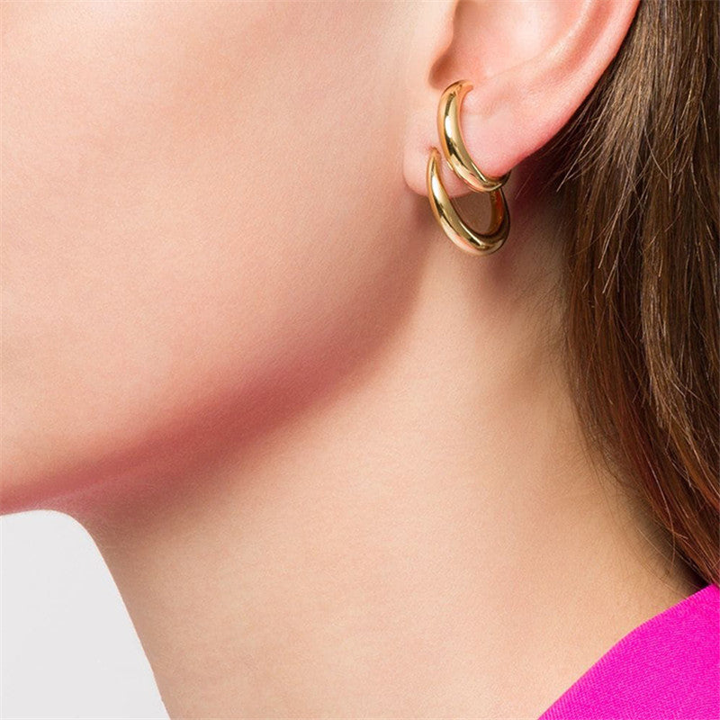 European Style Gold Hoop Earrings — Double Ring Design