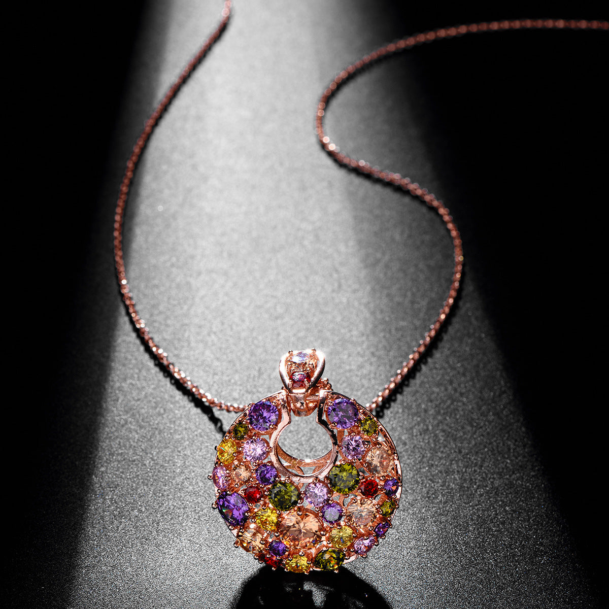 Rose Gold Zircon Floral Pendant Necklace – Copper, European Style, Women's