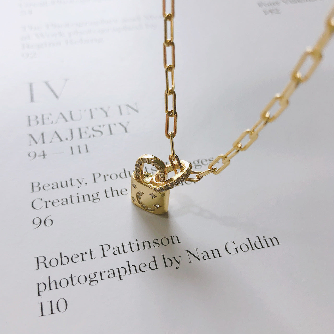 18K Gold Diamond Lock Necklace – Silver, Geometric, INS Style, Women's