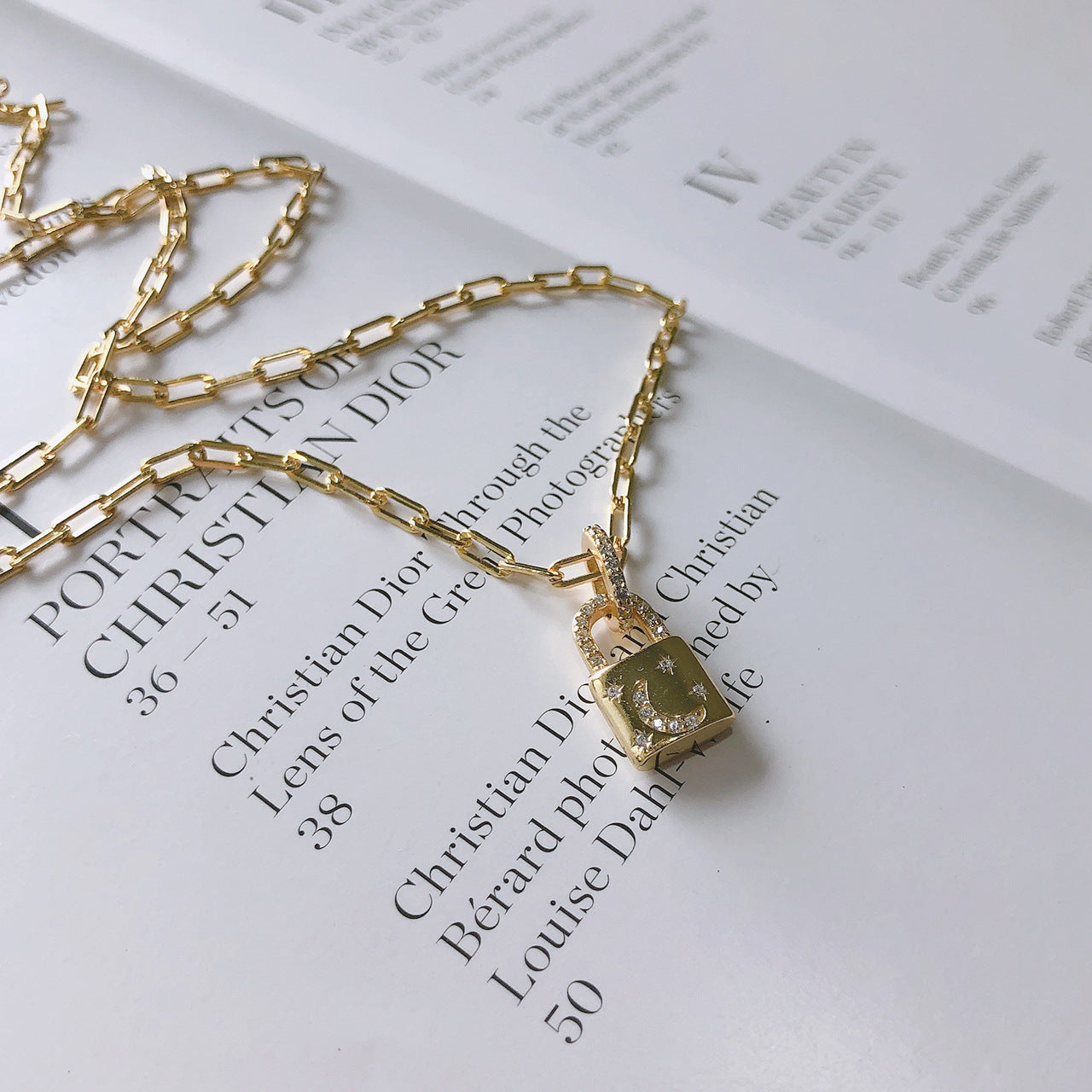 18K Gold Diamond Lock Necklace – Silver, Geometric, INS Style, Women's