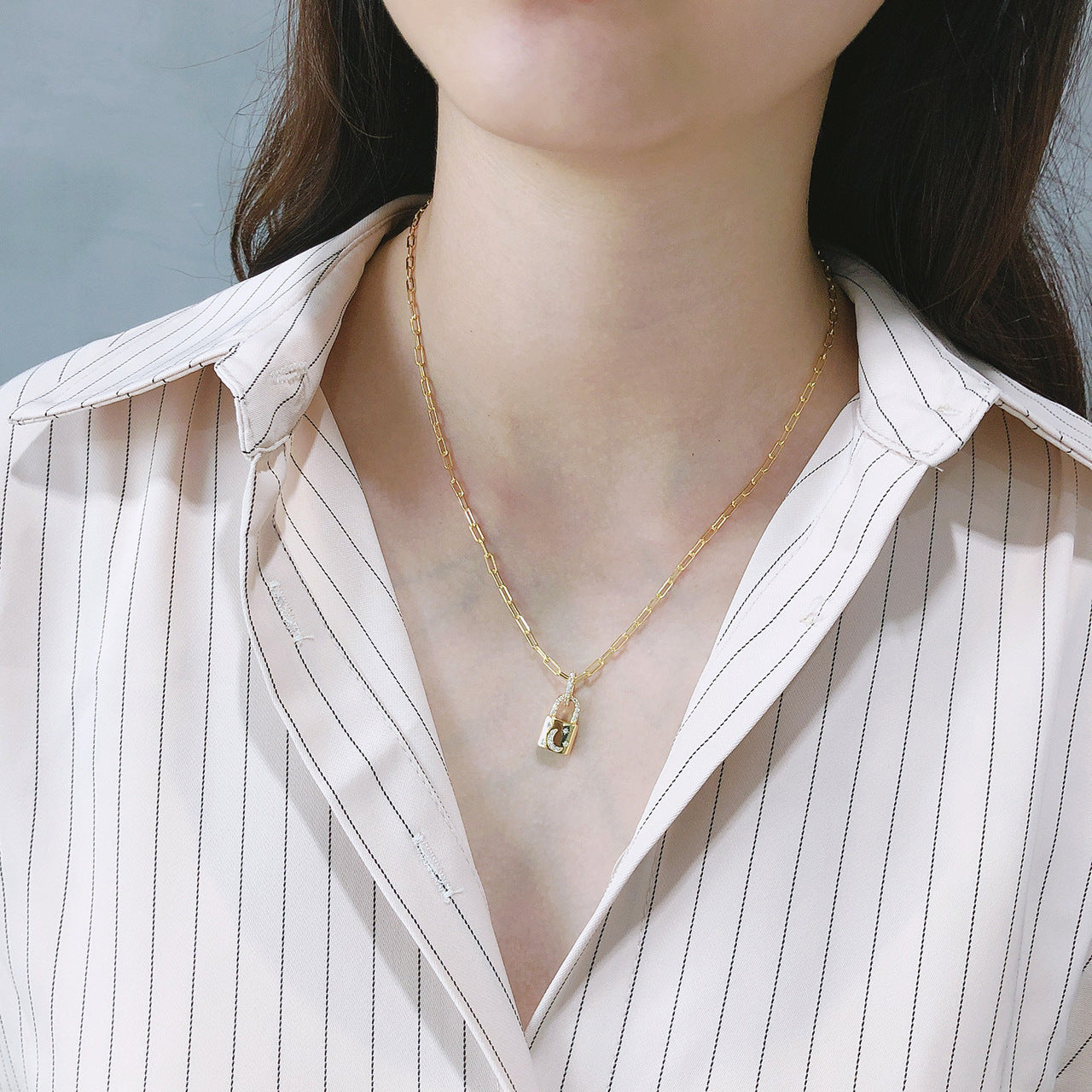 18K Gold Diamond Lock Necklace – Silver, Geometric, INS Style, Women's