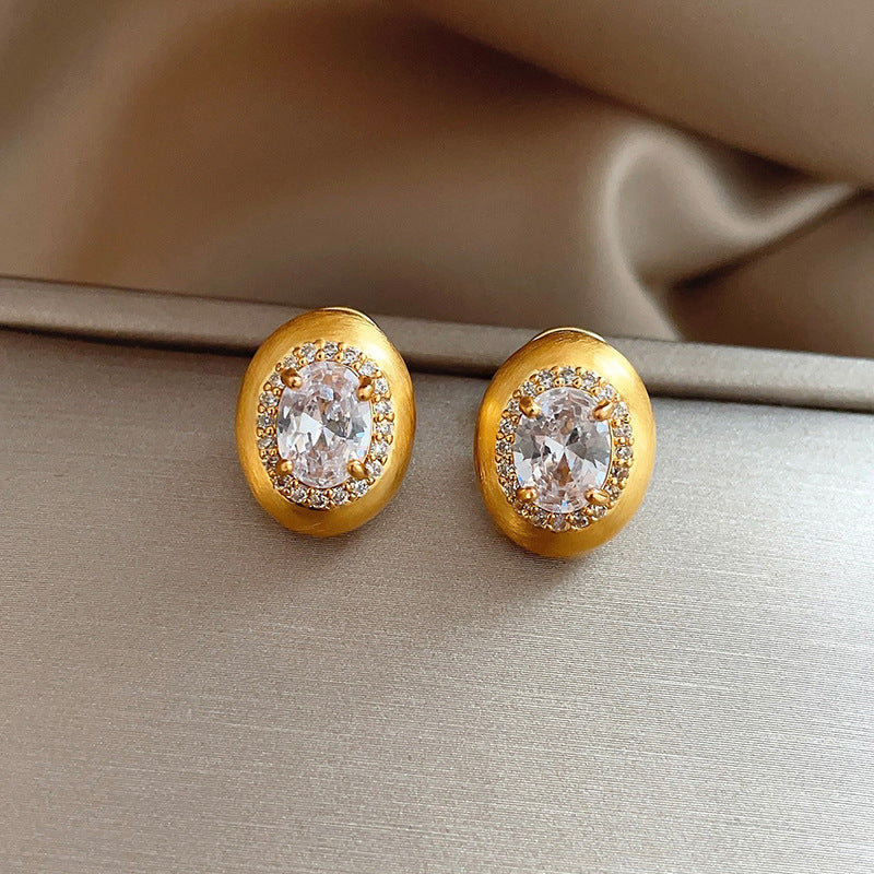 Gold Brushed Oval Zircon Stud Earrings – Electroplated Alloy Geometric Luxury Jewelry for Women