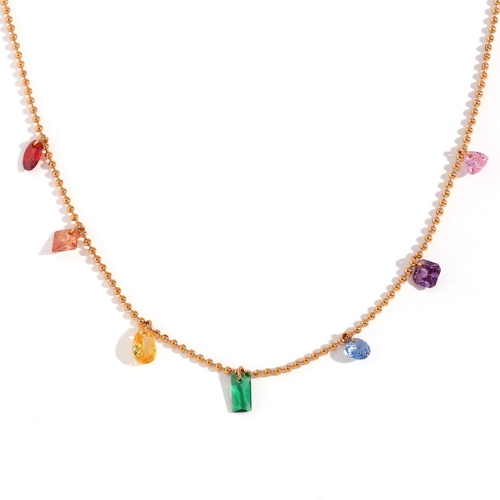 Color Zircon Charm Jewelry – 18K Gold Stainless Steel, Necklace, Bracelet & Anklet, Women's