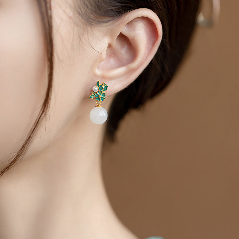 Hetian Jade & Pearl Flower Cluster Drop Earrings – Gold Enamel Retro Court Luxury Jewelry for Women