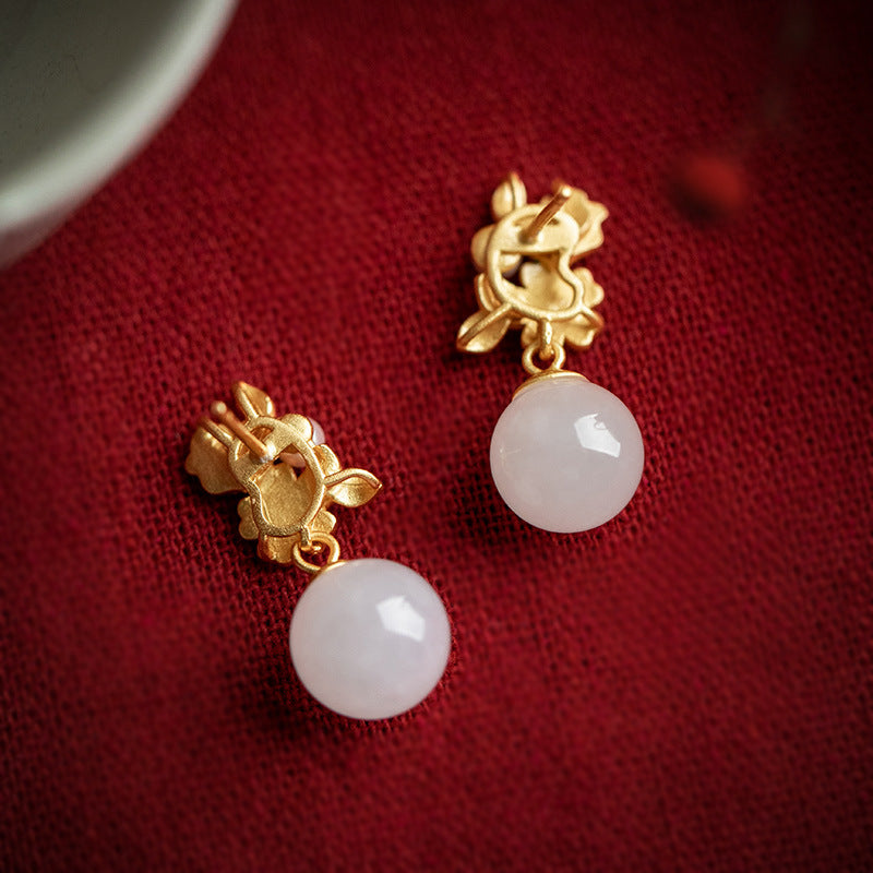 Hetian Jade & Pearl Flower Cluster Drop Earrings – Gold Enamel Retro Court Luxury Jewelry for Women
