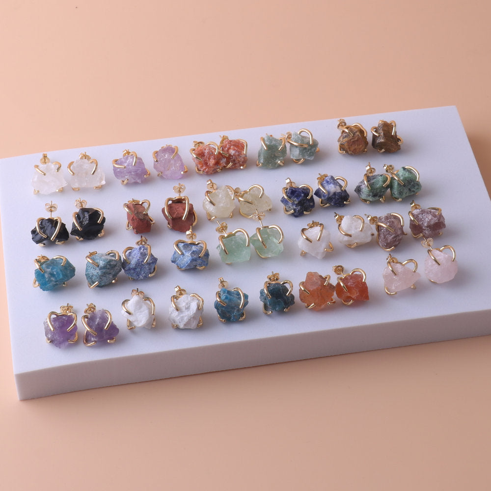 Gold Four-Claw Raw Crystal Stud Earrings – Electroplated Copper Natural Stone Luxury Jewelry for Women