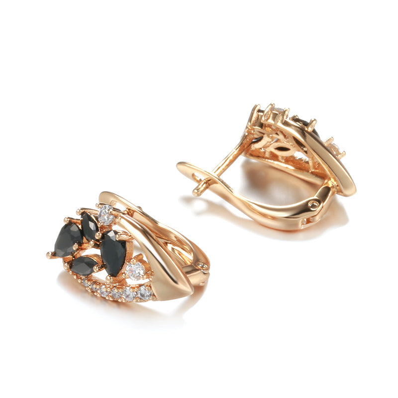 Rose Gold Black Agate Flower Drop Earrings – S585 Copper Geometric Luxury Jewelry for Women