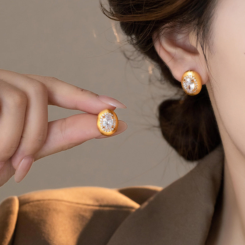 Gold Brushed Oval Zircon Stud Earrings – Electroplated Alloy Geometric Luxury Jewelry for Women