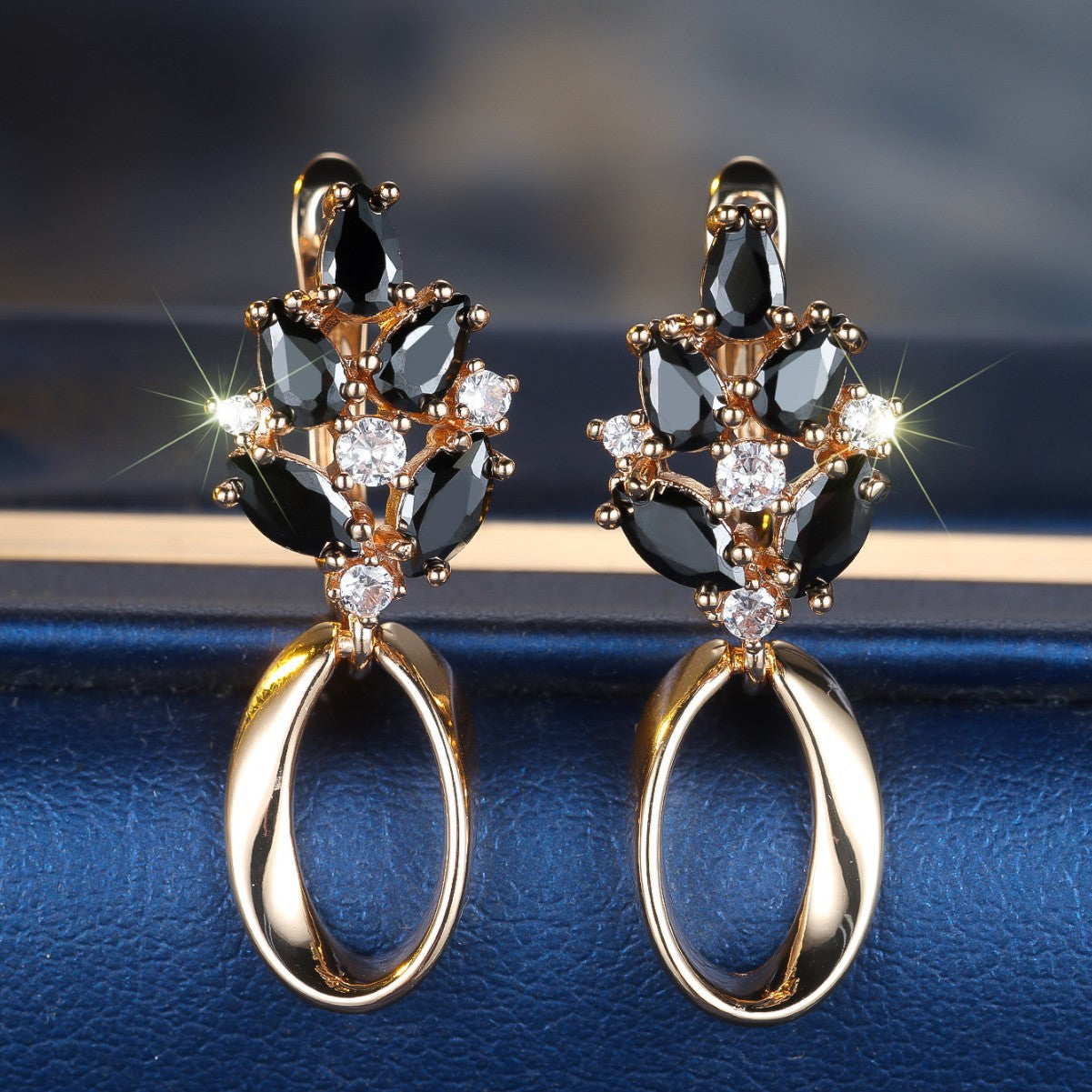 Champagne Gold Black Crystal Oval Ear Clips – Electroplated Copper Drop Earrings