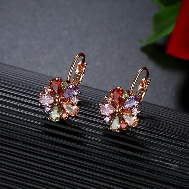Rose Gold Colorful Zircon Flower Ear Clips