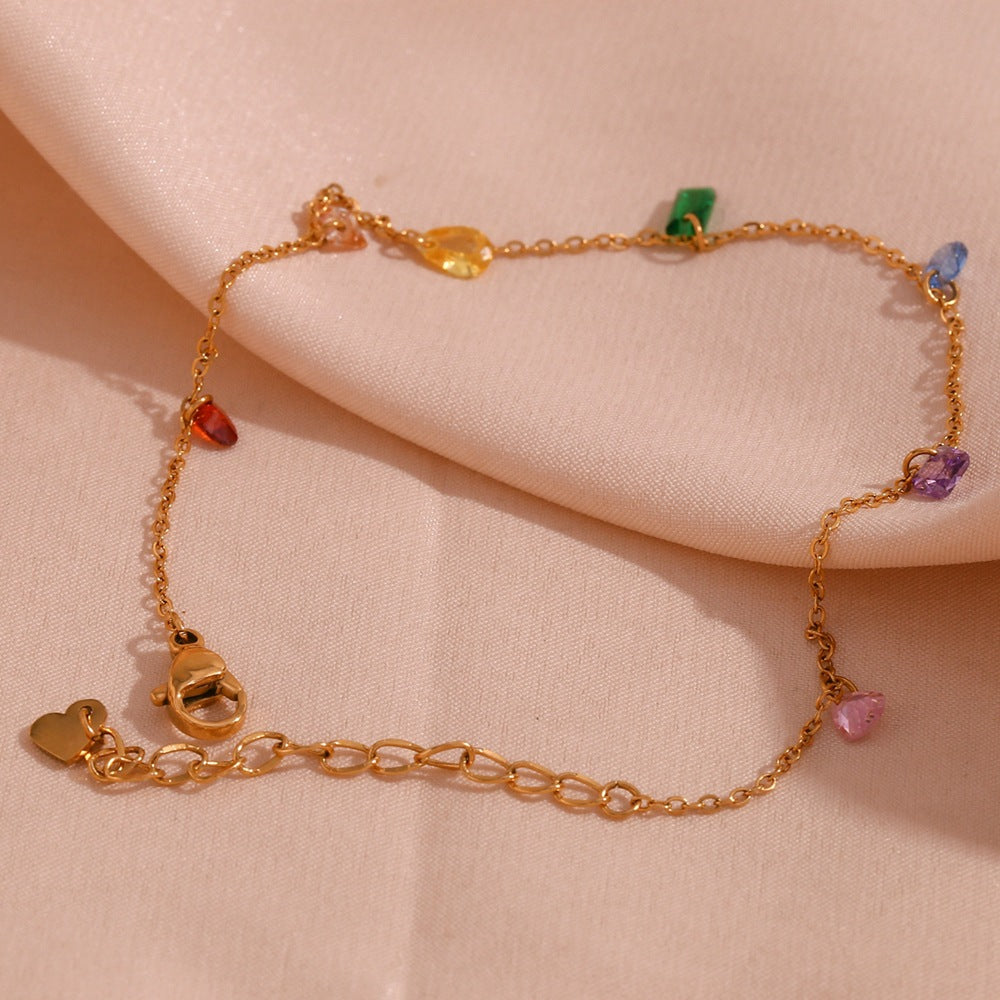 Color Zircon Charm Jewelry – 18K Gold Stainless Steel, Necklace, Bracelet & Anklet, Women's
