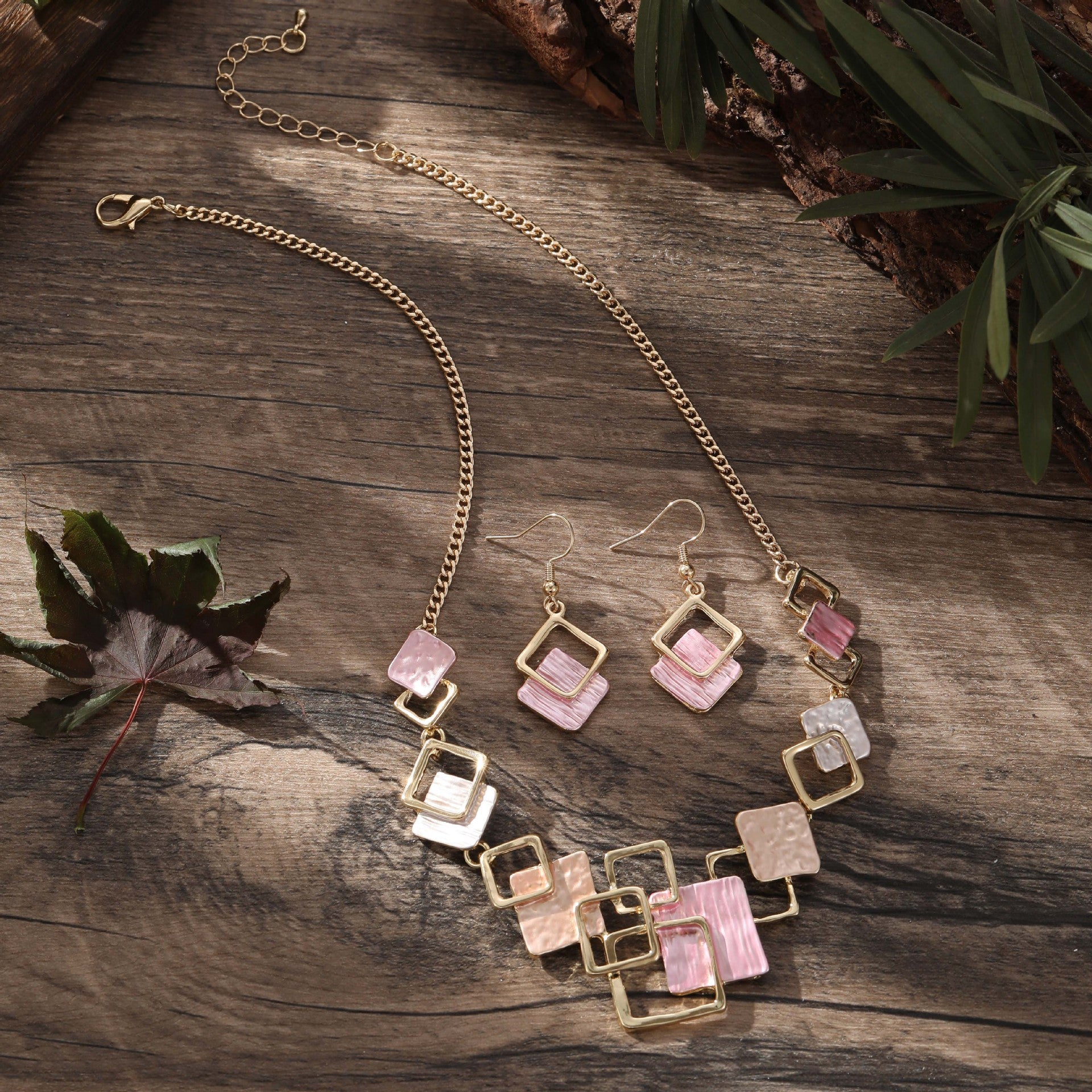 Geometric Square Color Oil Jewelry Set – Earrings, Bracelet & Necklace, Original Design
