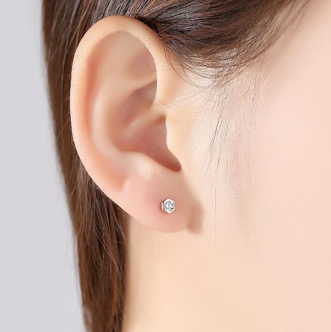 Rose Gold Zircon Stud Earrings – 925 Sterling Silver, Hexagon Bezel