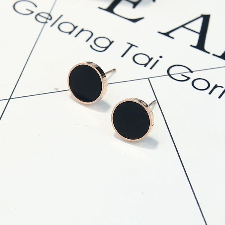 Black Round Titanium Steel Stud Earrings – Minimalist Geometric Luxury Jewelry for Women