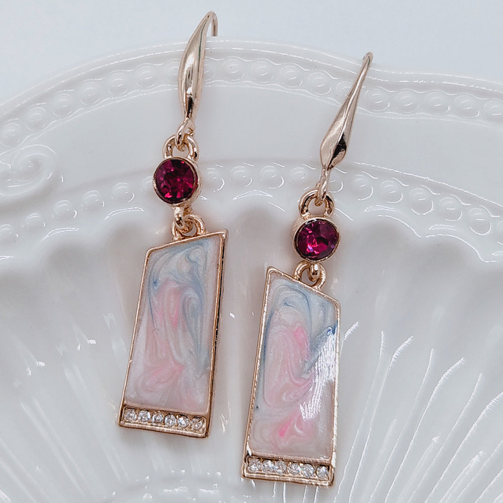 Retro Rose Quartz Drop Earrings – Gold-Plated Brass Ear Hooks for Women