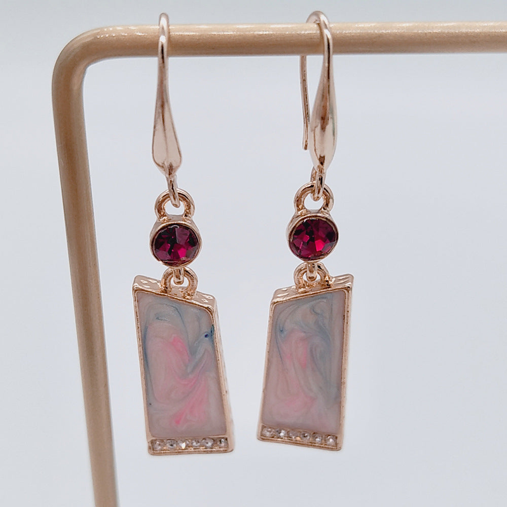 Retro Rose Quartz Drop Earrings – Gold-Plated Brass Ear Hooks for Women