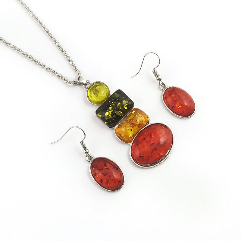 Amber Beeswax Geometric Ellipse Necklace & Earring Set – Inlaid Gem Snake Chain Luxury Jewelry for Women