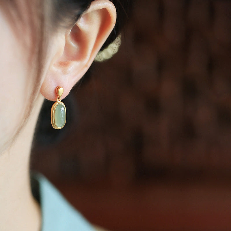 Ancient Gold Hetian Jade Drop Earrings – Copper National Style Ellipse Luxury Jewelry for Women