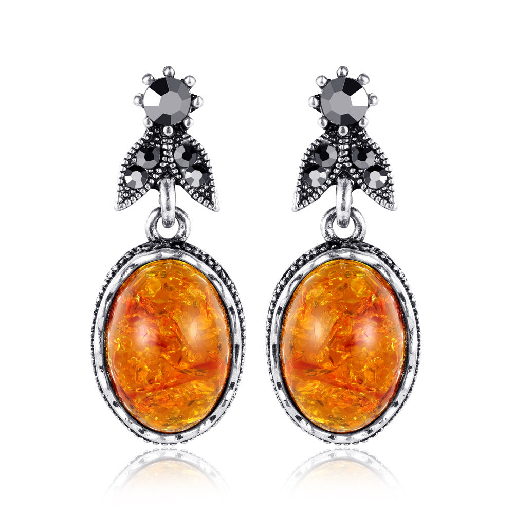 Geometric Retro Amber Stud Earrings – Antique Silver Alloy with Inlaid Semi-Precious Stone | Women's Luxury Jewelry