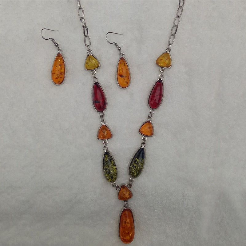 Amber Gemstone Necklace & Earring Set – Mixed Gem Inlay Box Chain Boho Luxury Jewelry for Women