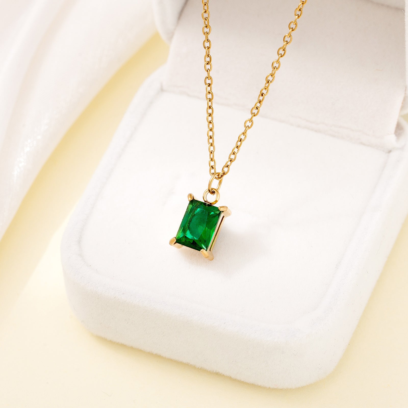 Square Gem Pendant Necklace – 18K Gold, Stainless Steel, O-Ring Chain, Unisex