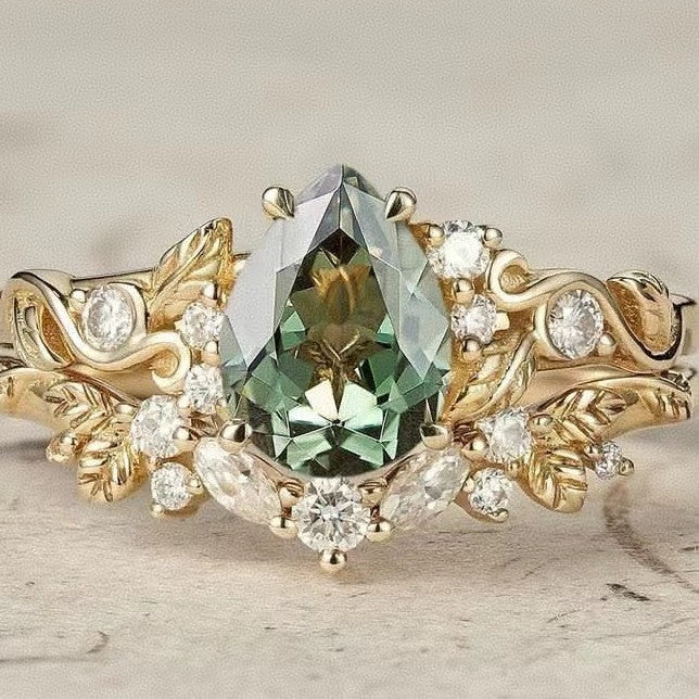 Gold Leaves & Flowers Couple Ring – Green Stone