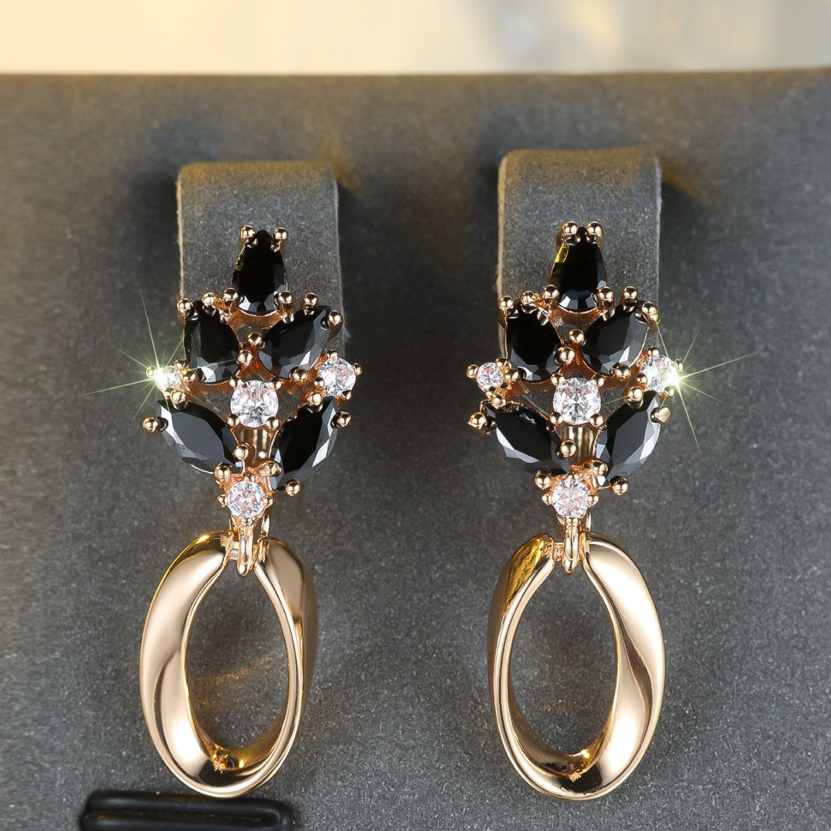 Champagne Gold Black Crystal Oval Ear Clips – Electroplated Copper Drop Earrings