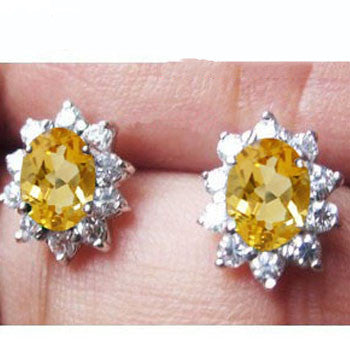 Natural Citrine & Crystal Halo Stud Earrings – 925 Silver Gold-Plated Luxury Jewelry for Women