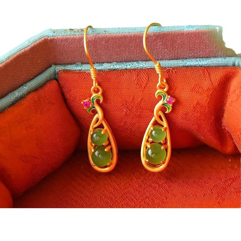 Gold Enamel Lucky Bean Drop Earrings – S925 Sterling Silver Ethnic Style Luxury Jewelry for Women