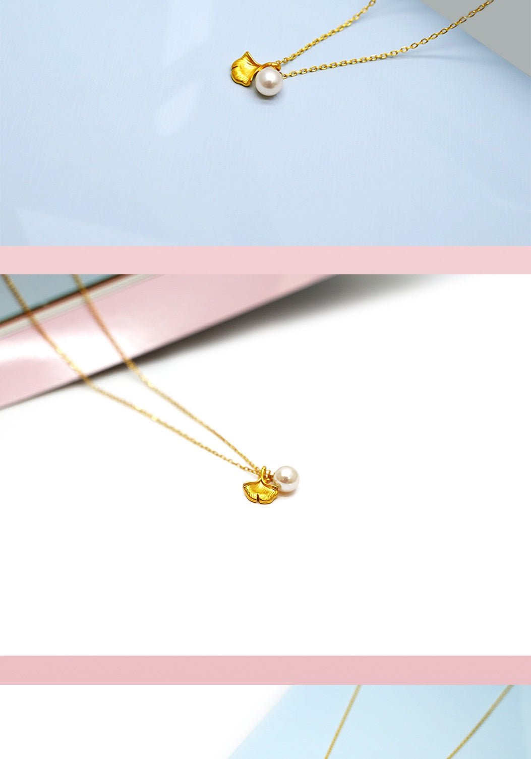 999 Pure Gold Ginkgo Leaf & Pearl Necklace