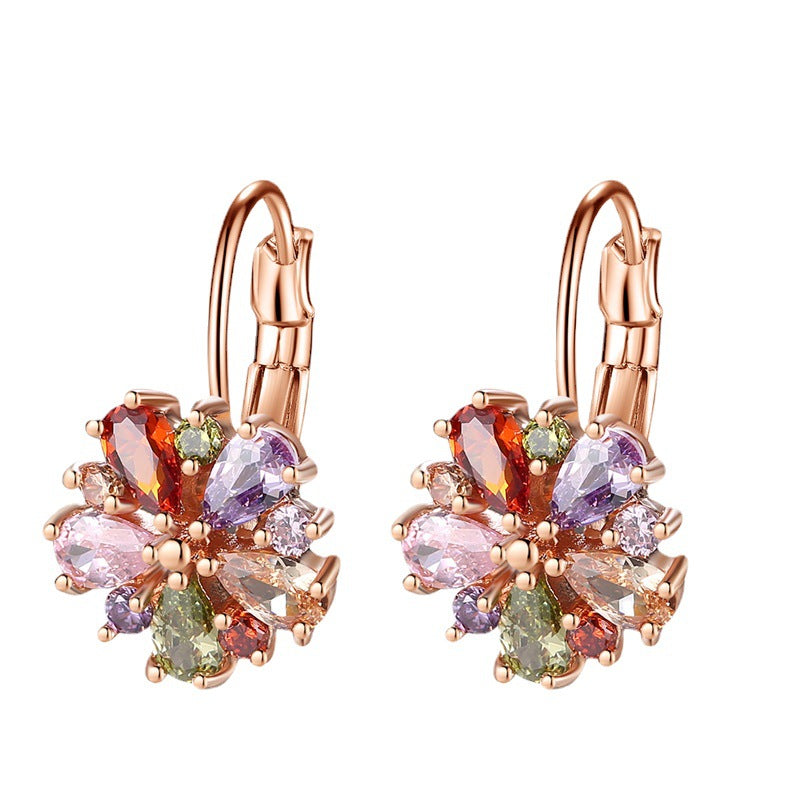 Rose Gold Colorful Zircon Flower Ear Clips