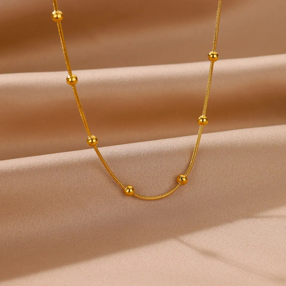 Gold Beaded Snake Chain Necklace – 18K Gold-Plated Stainless Steel, Minimalist, Women's