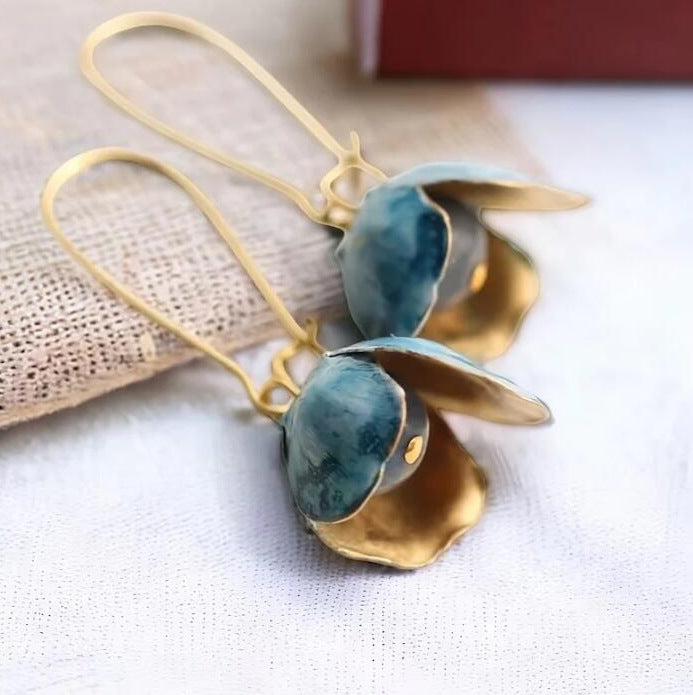 Ancient Gold Teal Flower Bead Drop Earrings – Boho Alloy Ear Drops for Women