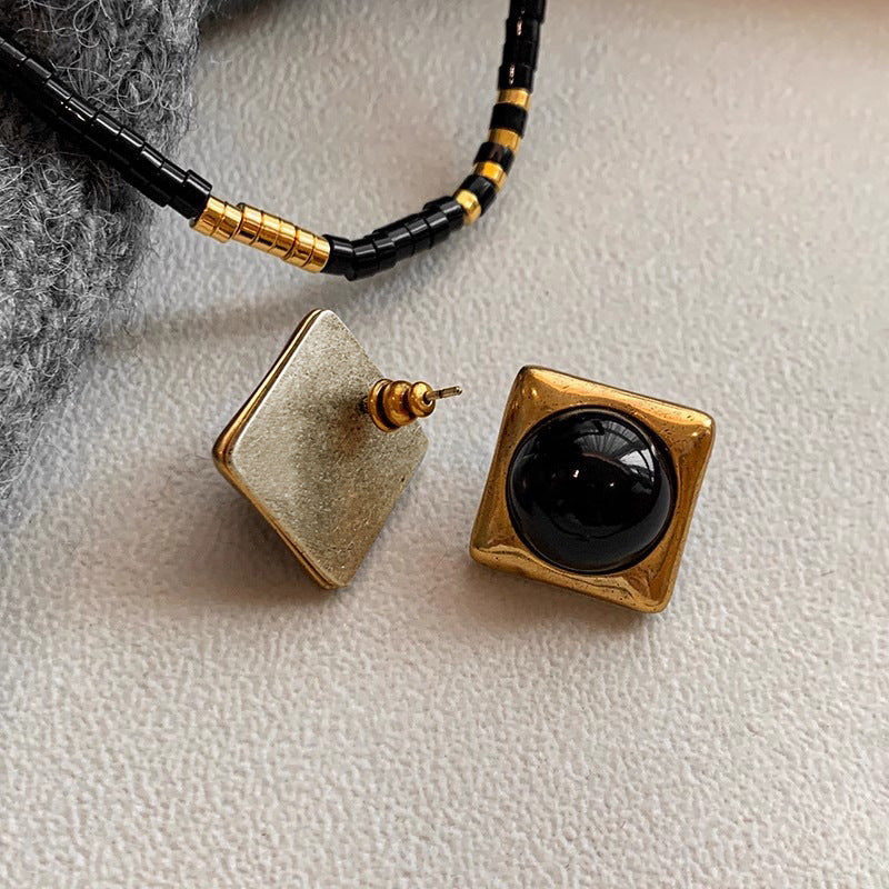 Square Black Agate & Gold Geometric Stud Earrings – Ancient-Inspired Luxury Jewelry for Women