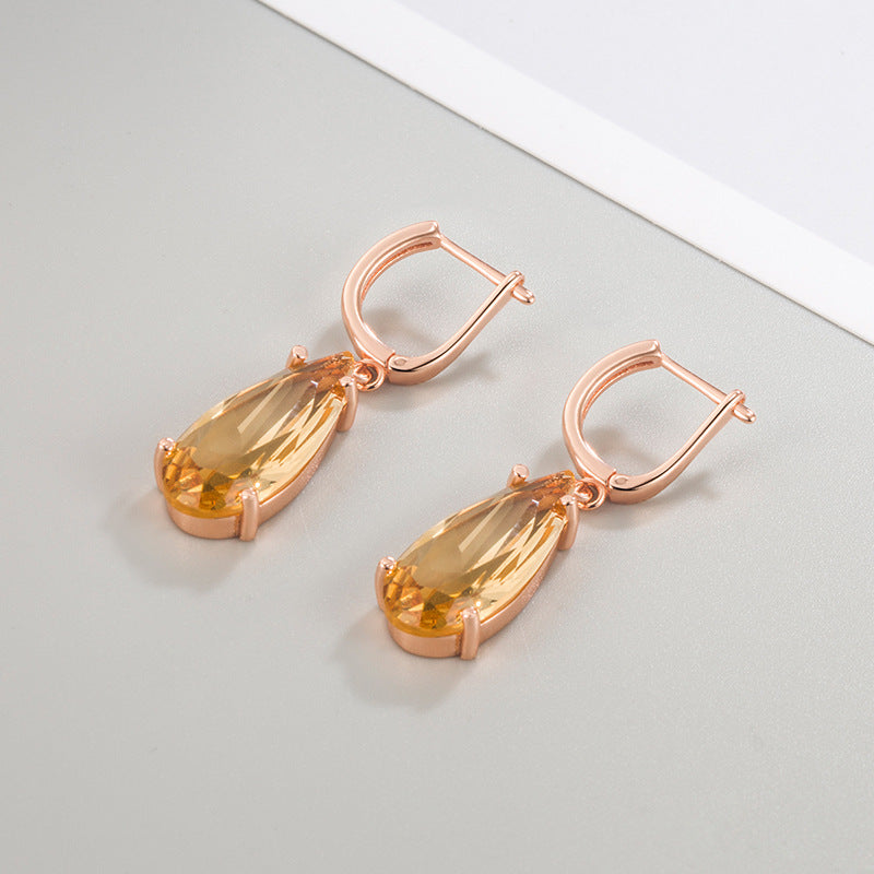 Champagne Gold Teardrop Crystal Drop Earrings – Electroplated Copper Water Droplet Luxury Jewelry for Women