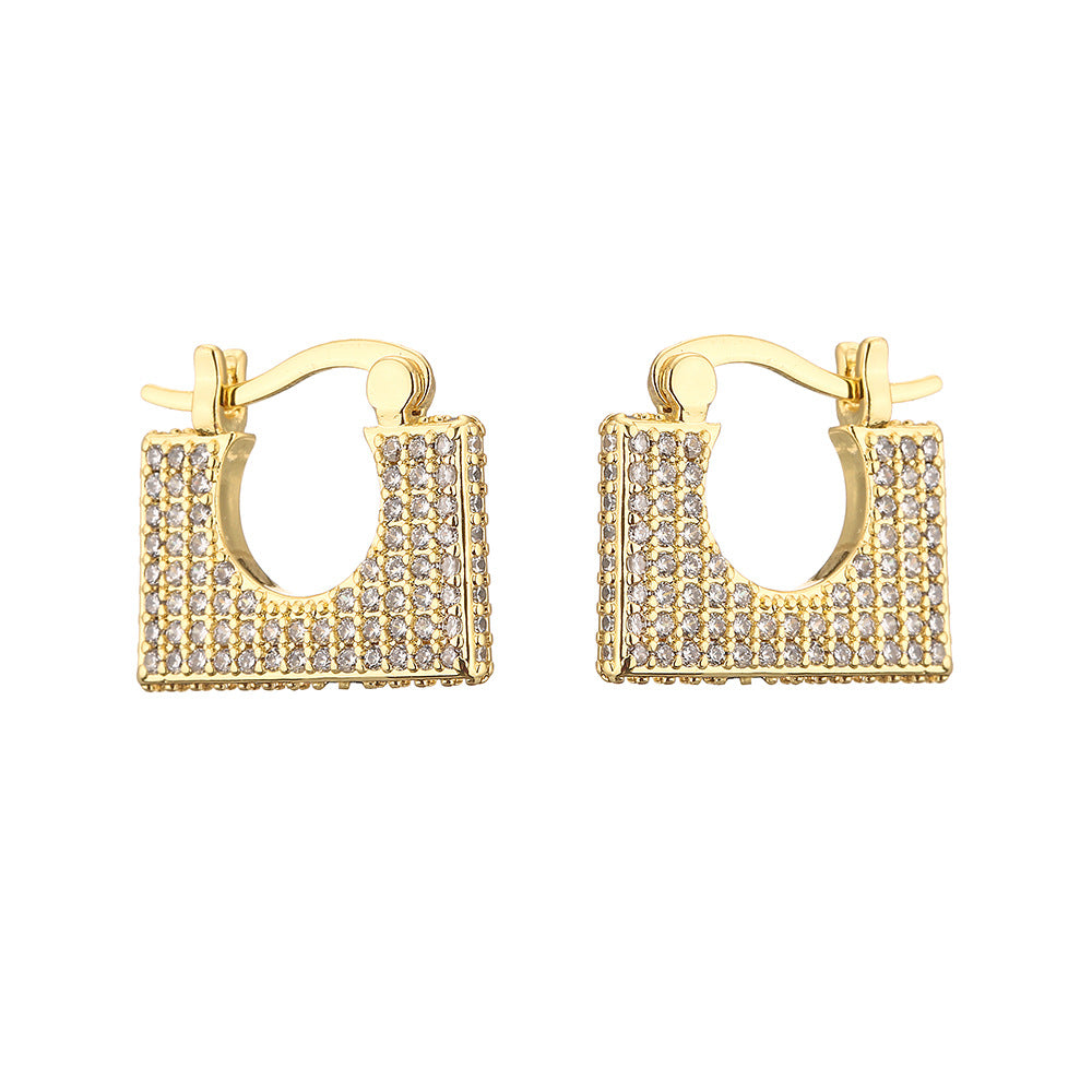 Gold Pavé Zircon Square Hoop Earrings – Electroplated Copper Irregular Luxury Jewelry for Women