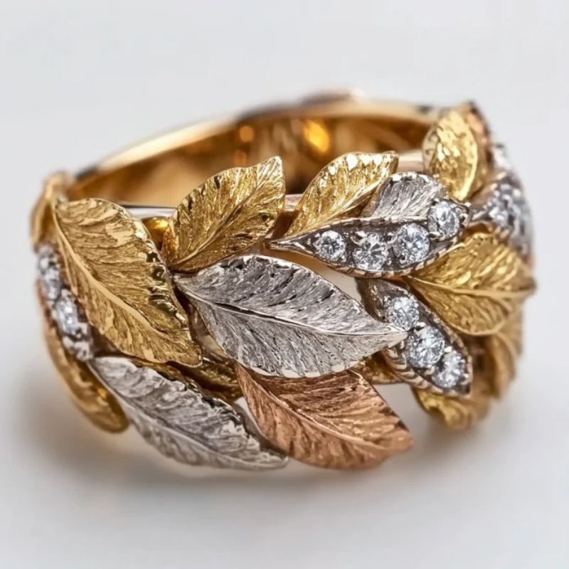 Tri-Color Gold Leaf Ring – Luxury Nature-Inspired Statement Piece