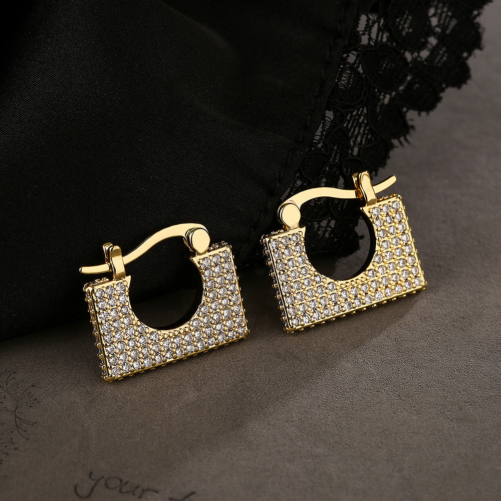 Gold Pavé Zircon Square Hoop Earrings – Electroplated Copper Irregular Luxury Jewelry for Women