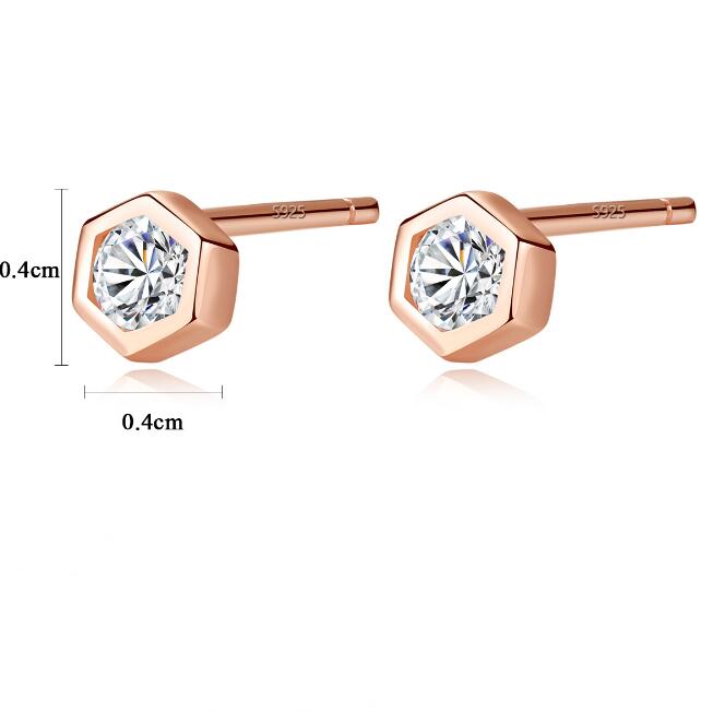 Rose Gold Zircon Stud Earrings – 925 Sterling Silver, Hexagon Bezel