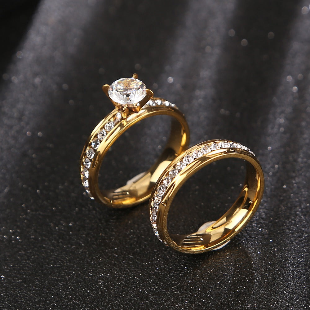 Gold Zircon Wedding & Engagement Ring Set – Couple Pair