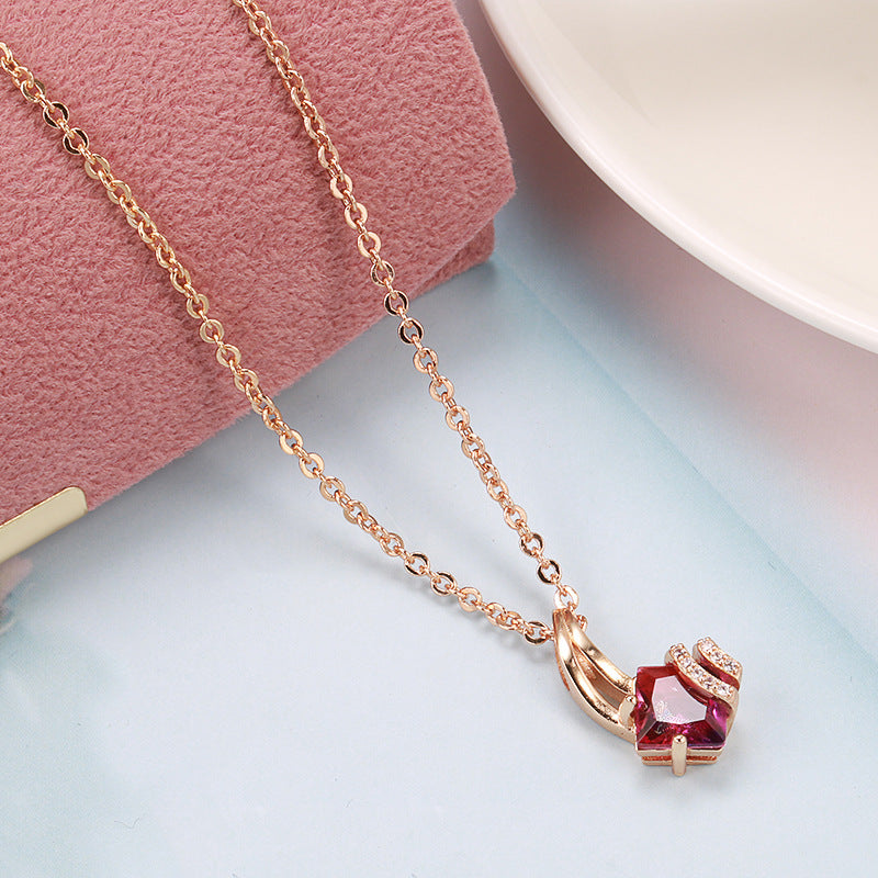 Rose Gold Zircon Water Wave Necklace – Copper, Geometric, Niche Design, Women's