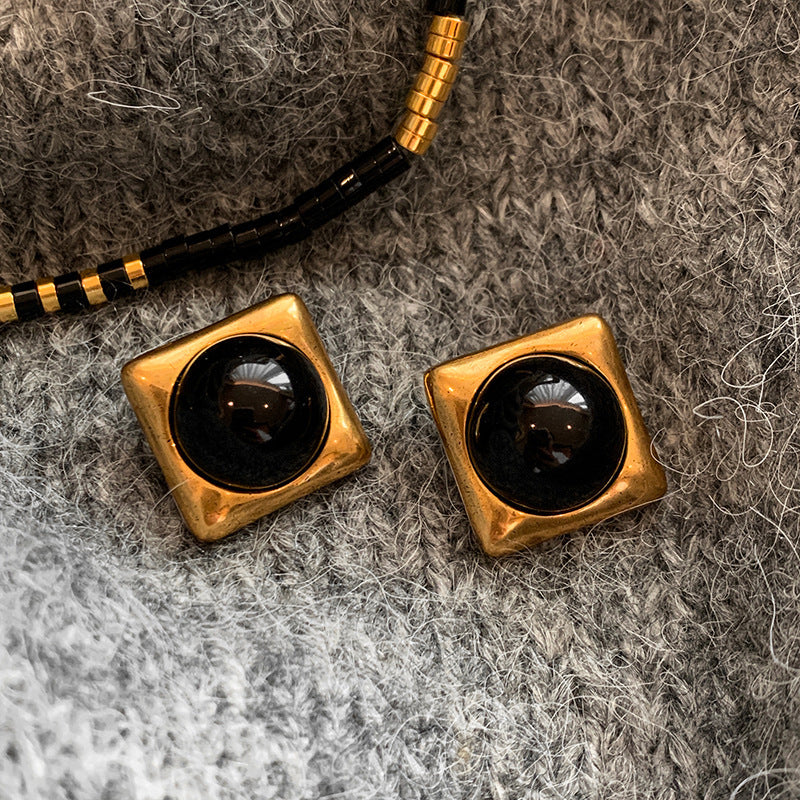 Square Black Agate & Gold Geometric Stud Earrings – Ancient-Inspired Luxury Jewelry for Women