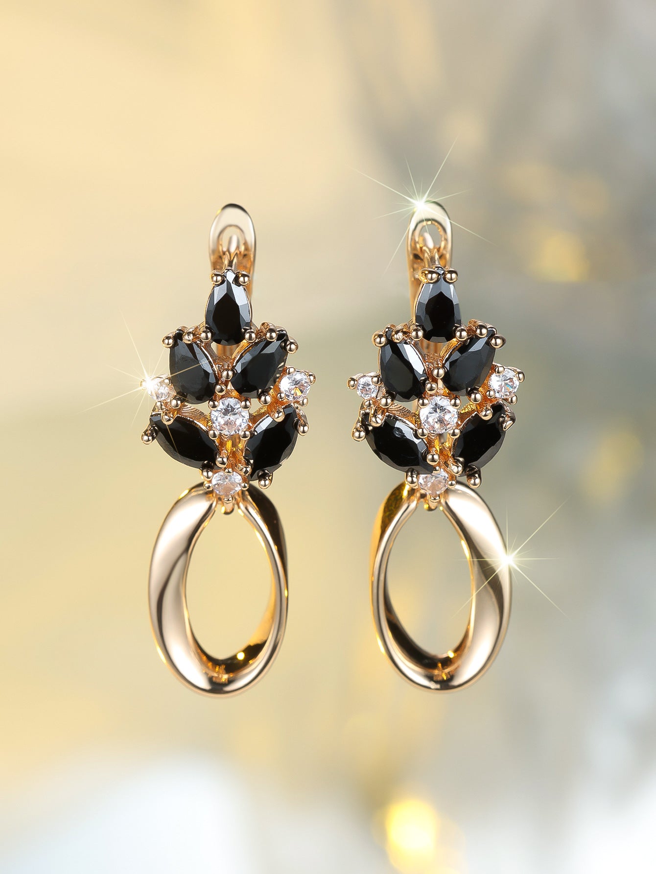 Champagne Gold Black Crystal Oval Ear Clips – Electroplated Copper Drop Earrings