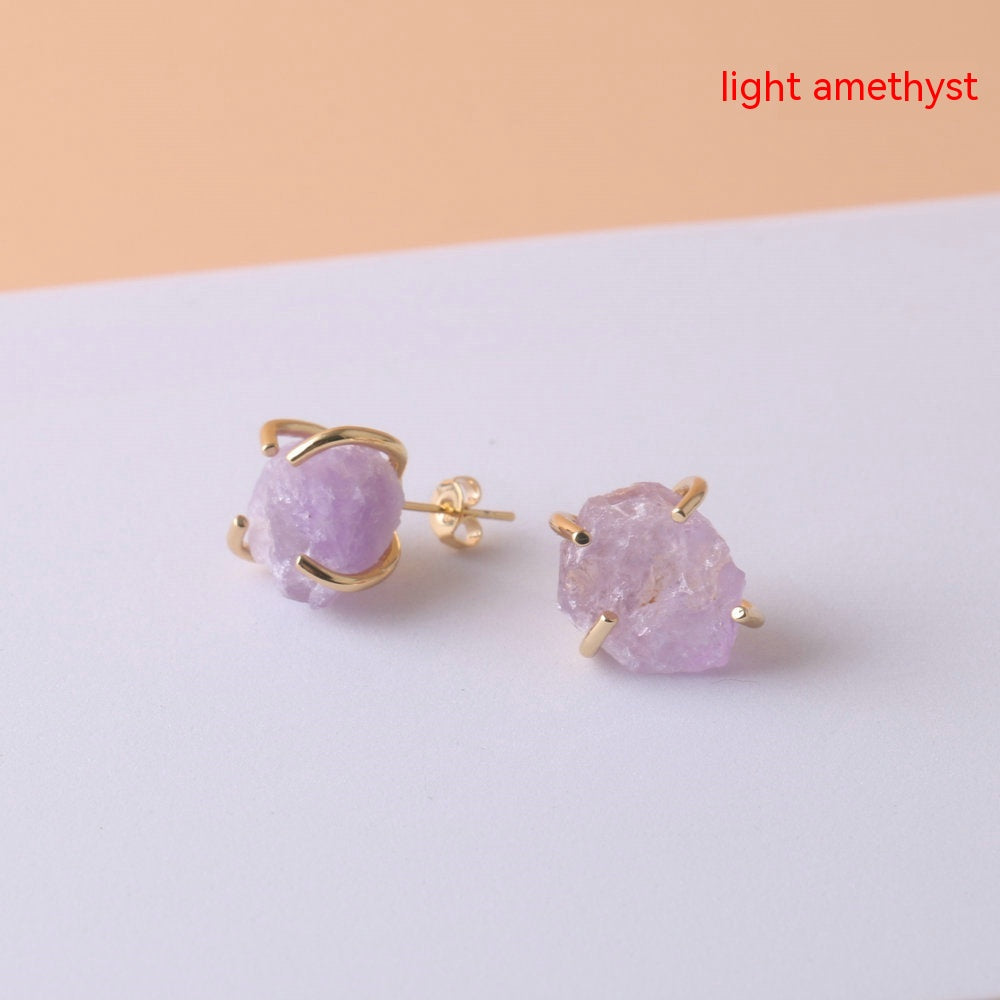 Gold Four-Claw Raw Crystal Stud Earrings – Electroplated Copper Natural Stone Luxury Jewelry for Women
