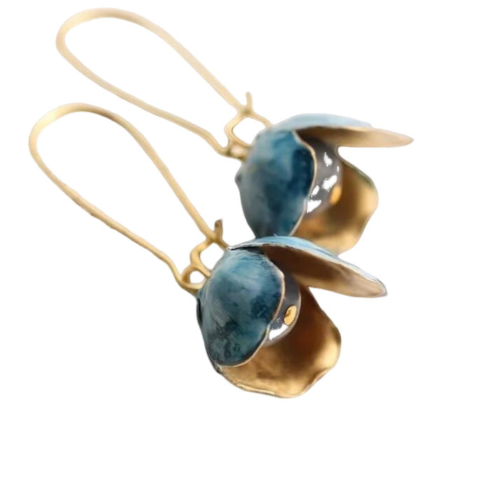Ancient Gold Teal Flower Bead Drop Earrings – Boho Alloy Ear Drops for Women