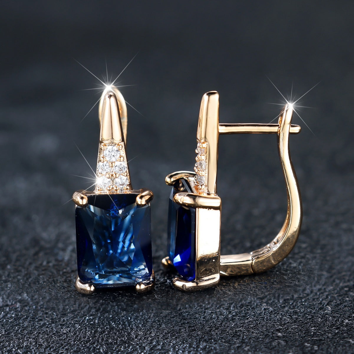 Champagne Gold Sapphire Blue Rectangle Drop Earrings – Copper Diamond-Cut Luxury Jewelry for Women