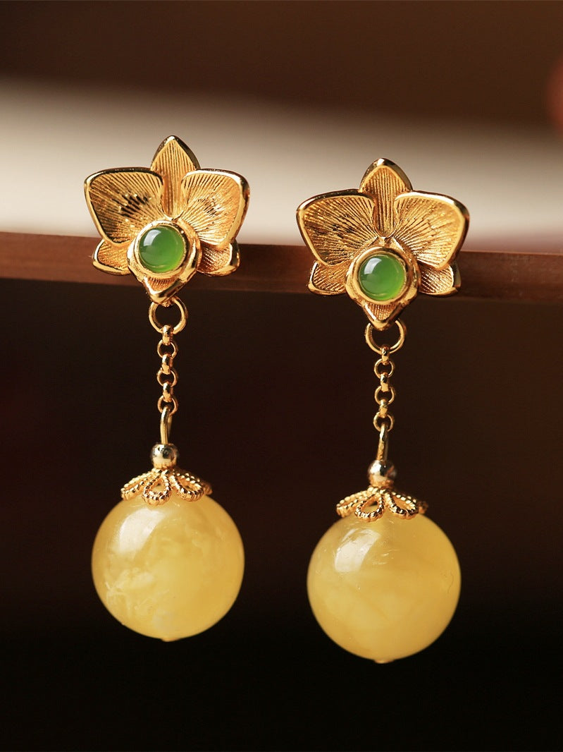 Beeswax Amber Flower Drop Earrings – Sterling Silver, Natural Gemstone, Original Design