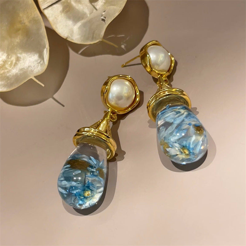 Dried Flower Water Drop Resin Earrings