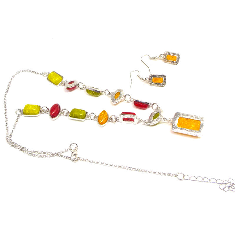 Imitation Amber Jewelry Set – Earrings & Necklace, Gem-Inlaid, European Style, Women's