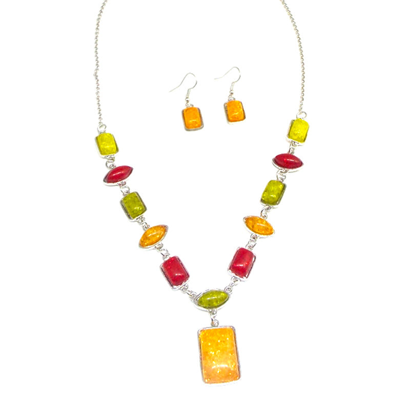 Imitation Amber Jewelry Set – Earrings & Necklace, Gem-Inlaid, European Style, Women's
